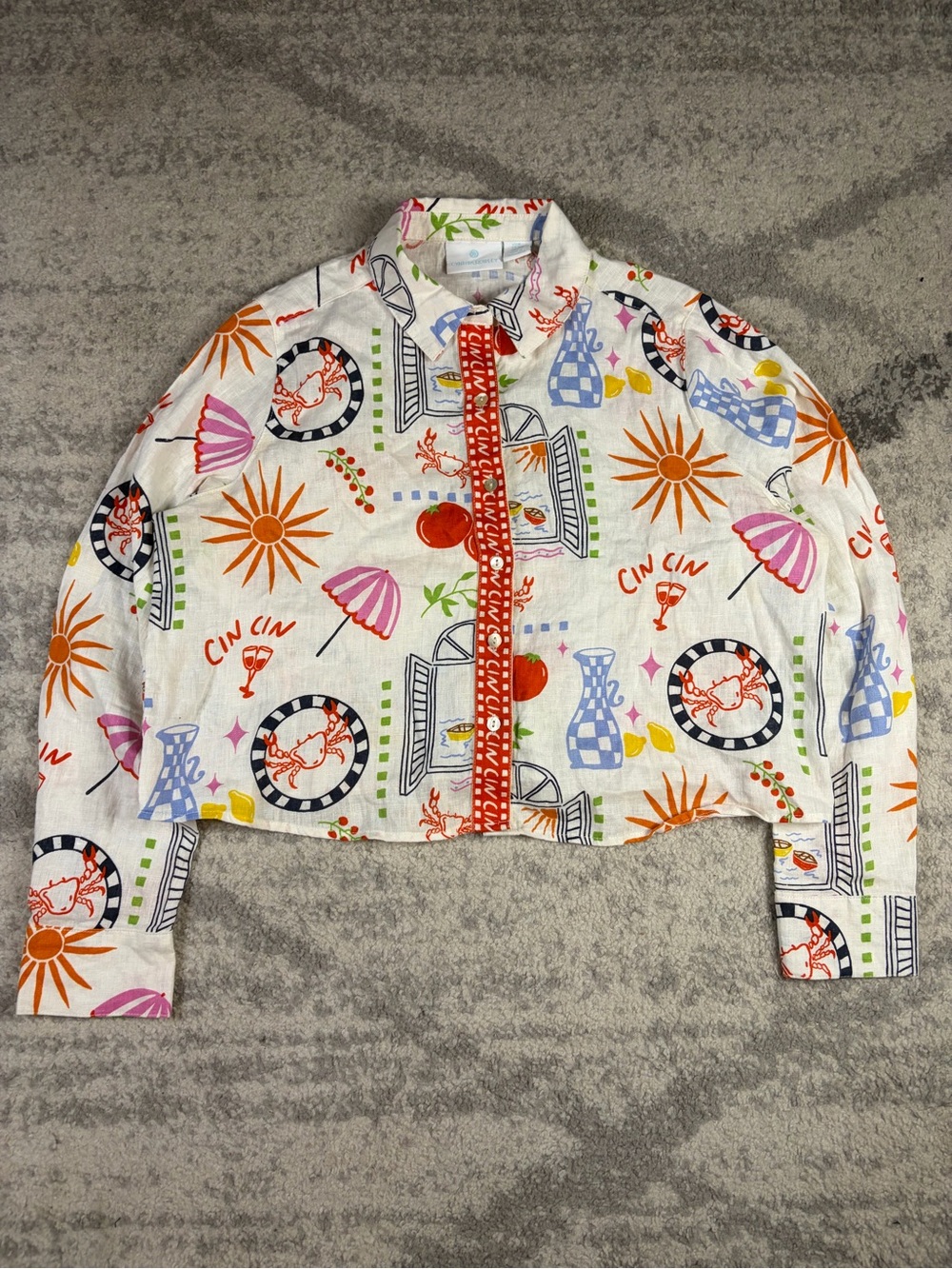 Cynthia Rowley 100% Linen Cin Cin Coastal Print Cropped Button-Up Shirt M